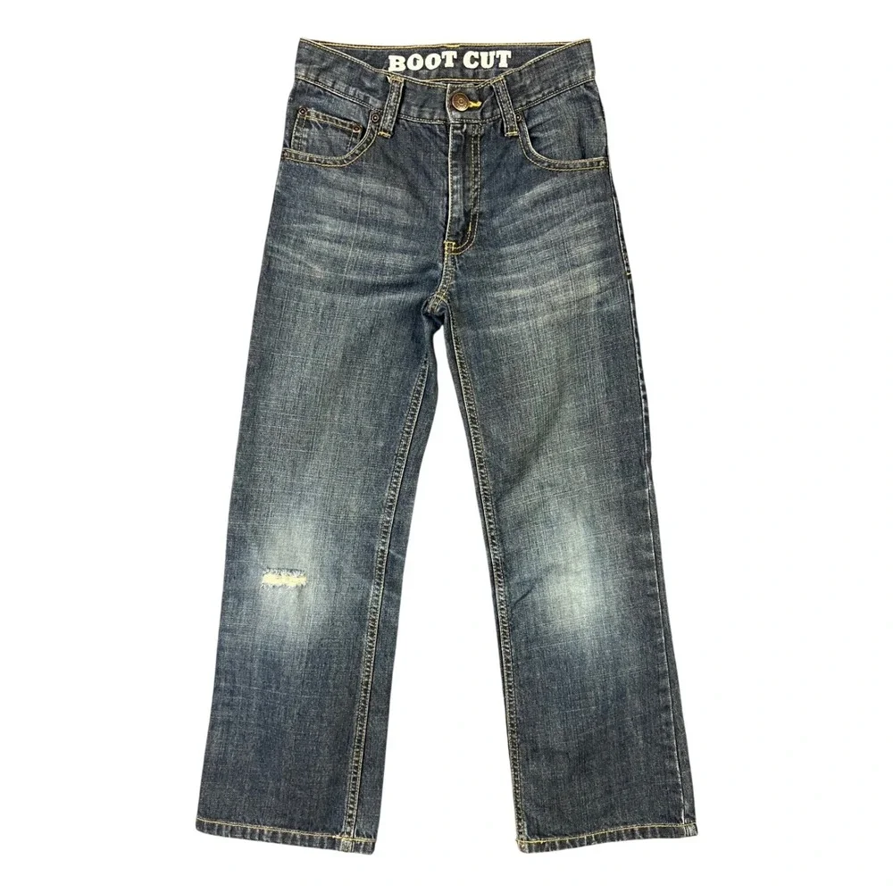 Gymboree Boot Cut Jeans Boys‎ Size 8 Dark Blue Denim Distressed Adjustable Waist